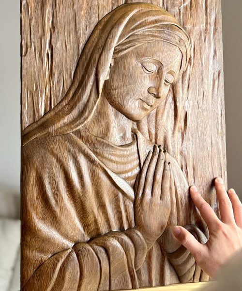 Alternative view of Hand-Carved Virgin Mary Wooden Wall Art