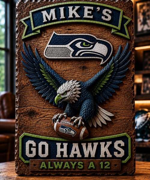 Hand-Carved Seahawks Wooden Wall Art - Custom Name Engraving