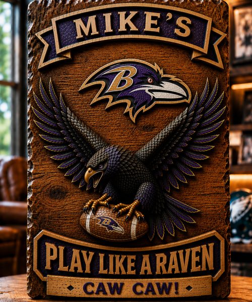 Hand-Carved Ravens Wooden Wall Art – Custom Name Engraving
