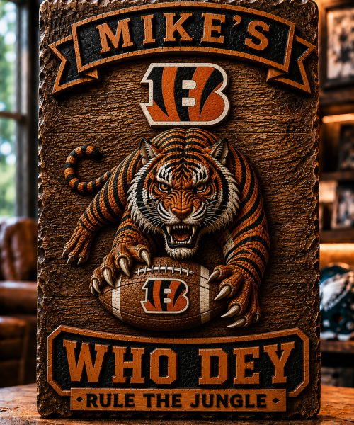Hand-Carved Bengals Wooden Wall Art – Custom Name Engraving