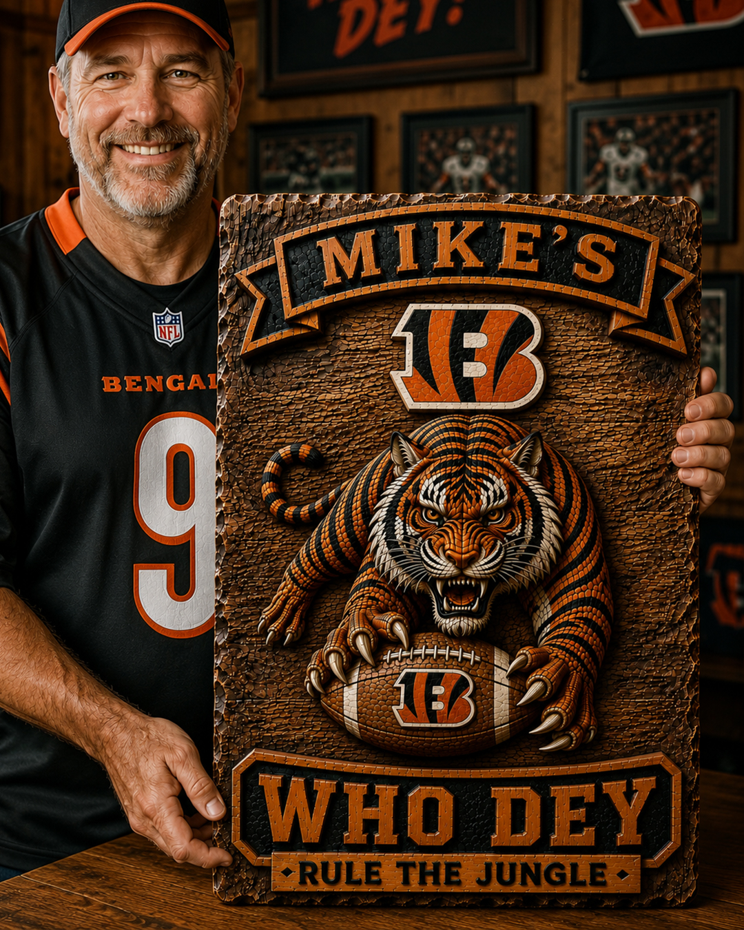 Hand-Carved Bengals Wooden Wall Art – Custom Name Engraving - Image 3