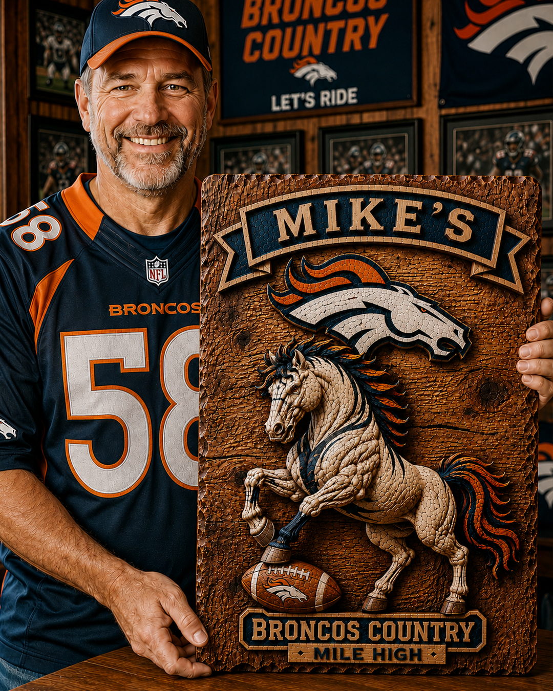 Hand-Carved Broncos Wooden Wall Art – Custom Name Engraving - Image 3
