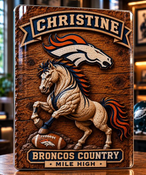 Hand-Carved Broncos Wooden Wall Art – Custom Name