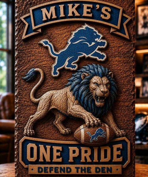 Hand-Carved Detroit Lions Wooden Wall Art – Custom Name Engraving