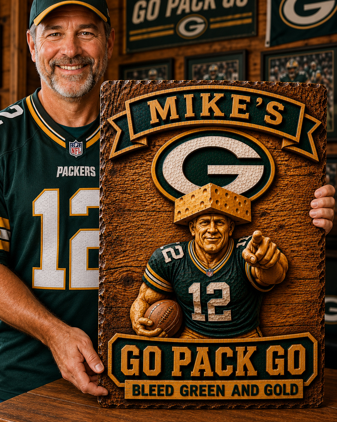 Hand-Carved Green Bay Packers Wooden Wall Art – Custom Name Engraving - Image 3