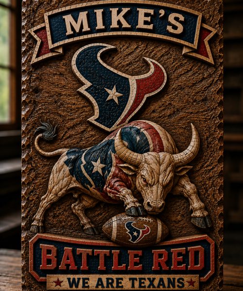Hand-Carved Texans Wooden Wall Art – Custom Name Engraving