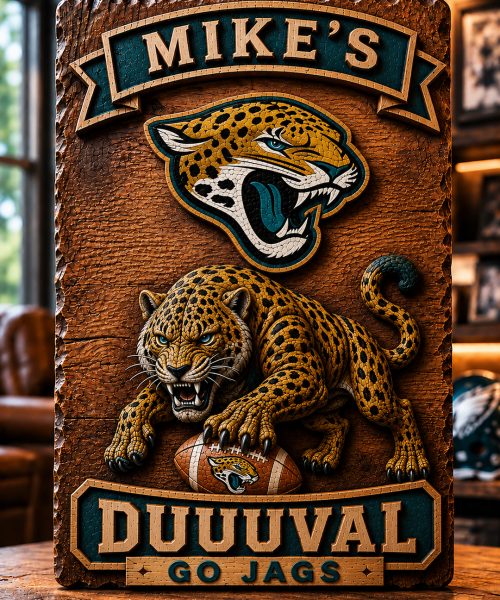 Hand-Carved Jacksonville Jaguars Wooden Wall Art – Custom Name Engraving
