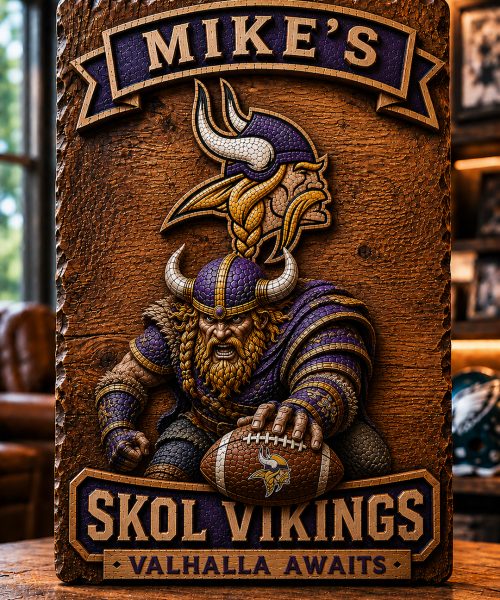 Hand-Carved Vikings Wooden Wall Art – Custom Name Engraving