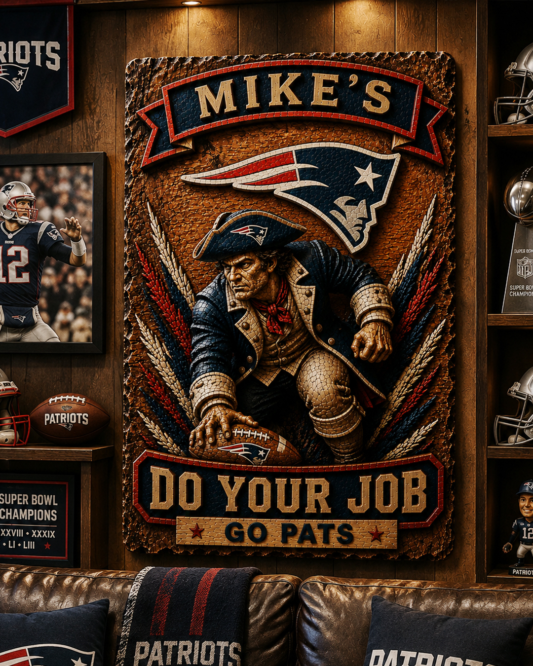 Hand-Carved Patriots Wooden Wall Art - Custom Name Engraving - Image 4