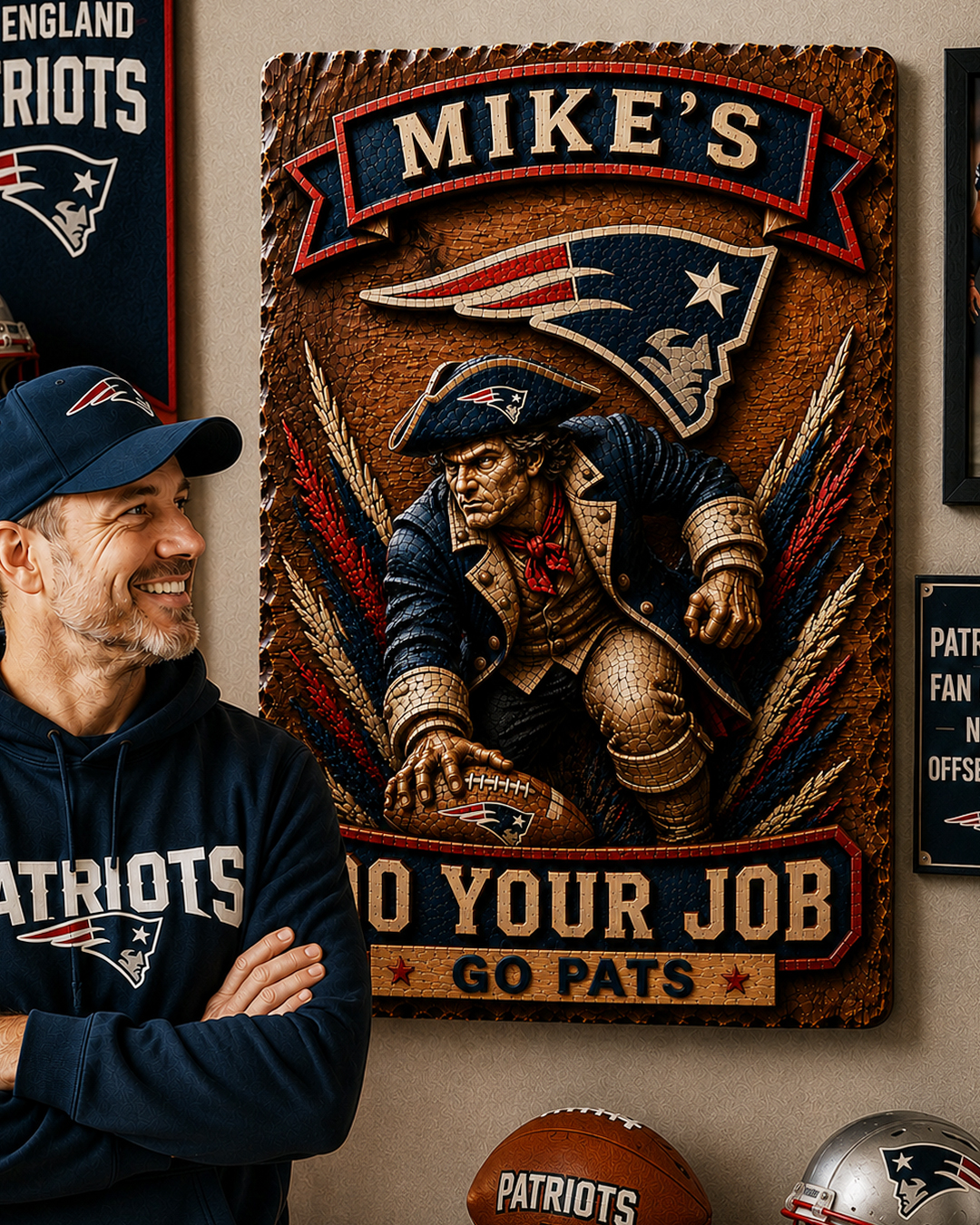 Hand-Carved Patriots Wooden Wall Art - Custom Name Engraving - Image 5