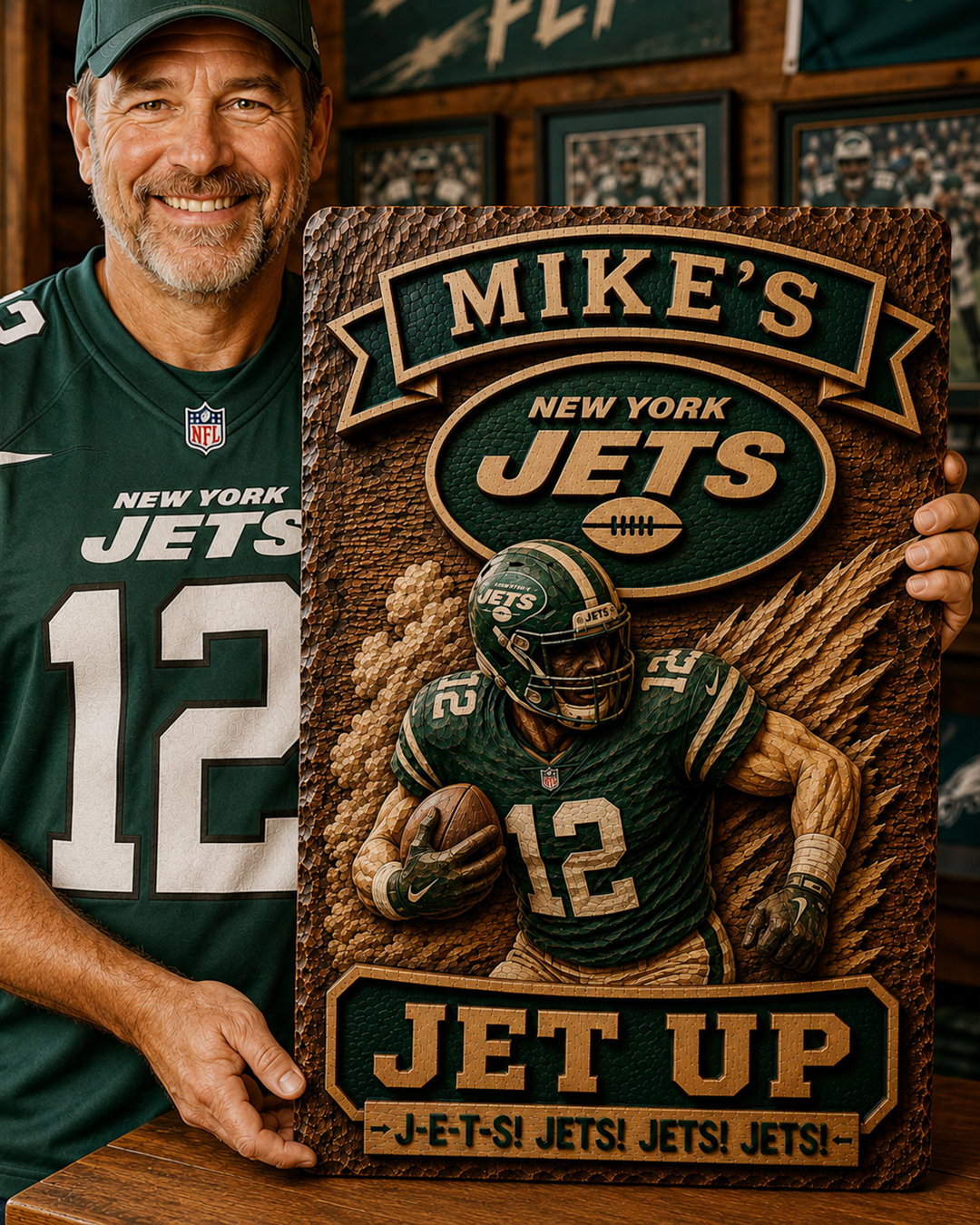 Hand-Carved Jets Wooden Wall Art – Custom Name Engraving - Image 3
