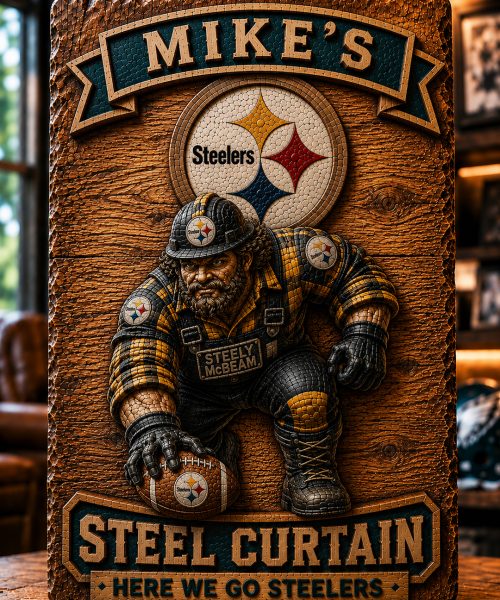 Hand-Carved Steelers Wooden Wall Art – Custom Name Engraving