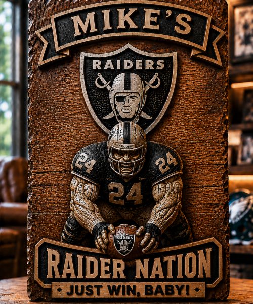 Hand-Carved Raiders Wooden Wall Art – Custom Name Engraving