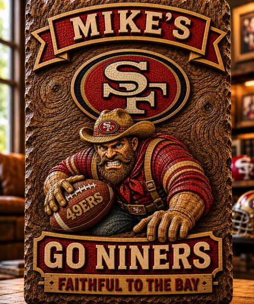 Hand-Carved 49ers Wooden Wall Art – Custom Name Engraving