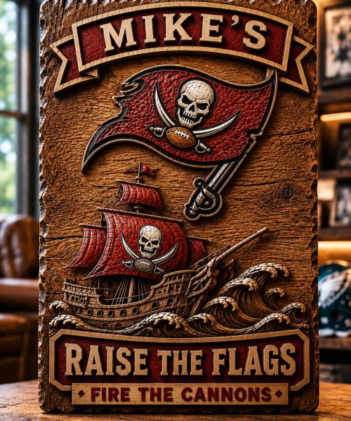 Hand-Carved Tampa Bay Buccaneers Wooden Wall Art – Custom Name Engraving
