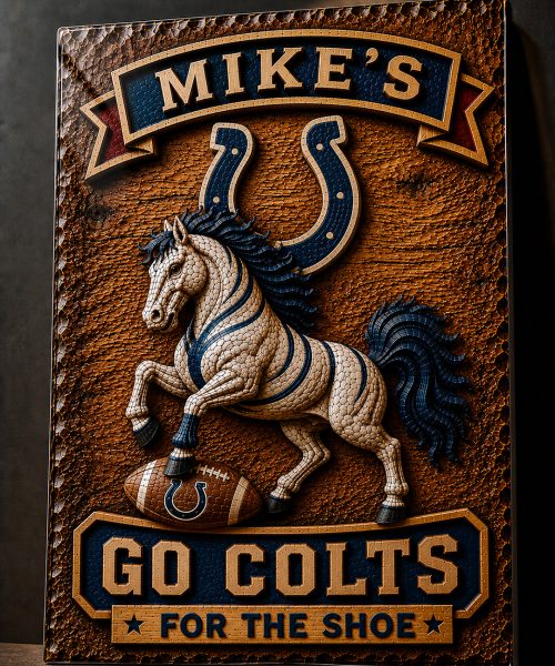 Alternative view of Hand-Carved Colts Wooden Wall Art – Custom Name Engraving