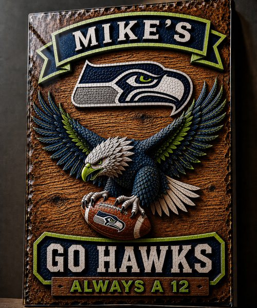 Alternative view of Hand-Carved Seahawks Wooden Wall Art - Custom Name Engraving