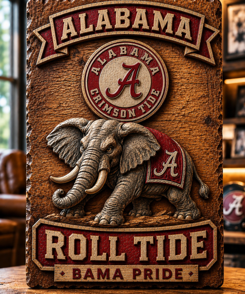 Hand-Carved Alabama Crimson Tide Wooden Wall Art – Custom Name Engraving