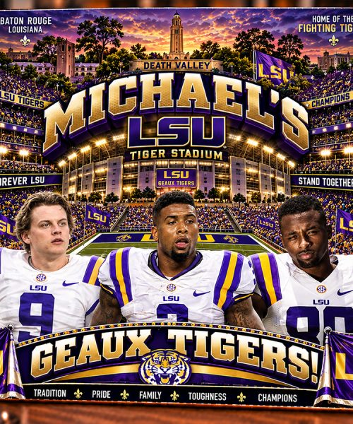 High-Gloss Printed LSU Wooden Wall Art – Custom Name