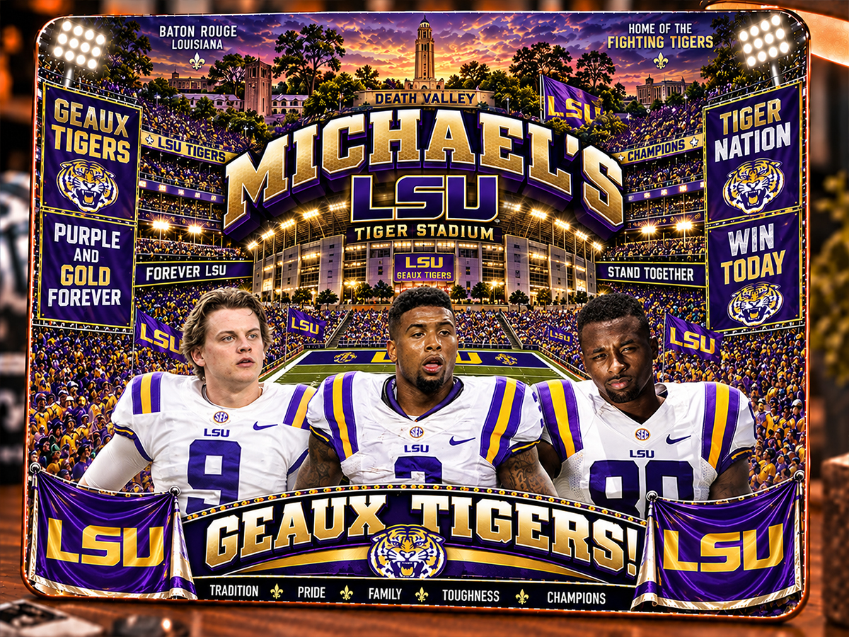 High-Gloss Printed LSU Wooden Wall Art – Custom Name