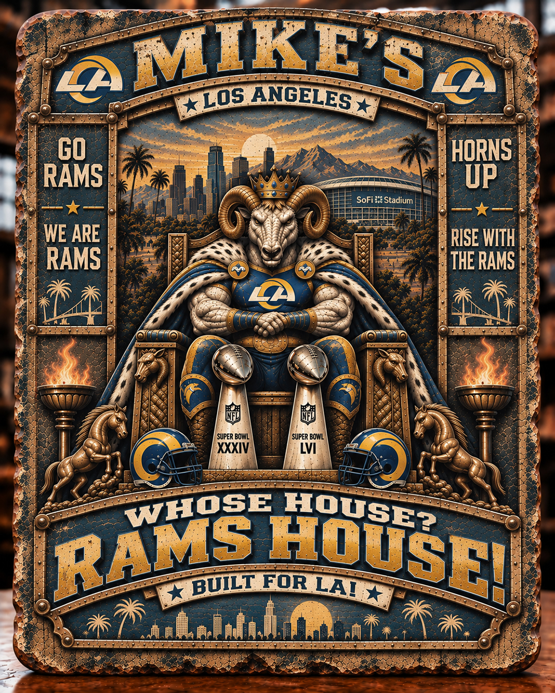 High-Gloss Printed Los Angeles Rams Wooden Wall Art – Custom Name