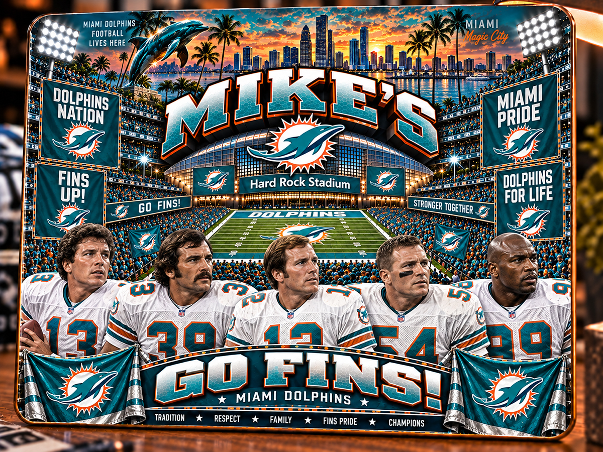 High-Gloss Printed Miami Dolphins Wooden Wall Art – Custom Name