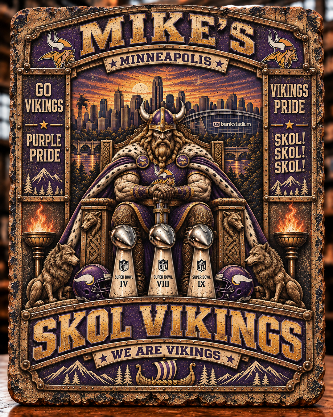 High-Gloss Printed Minnesota Vikings Wooden Wall Art – Custom Name