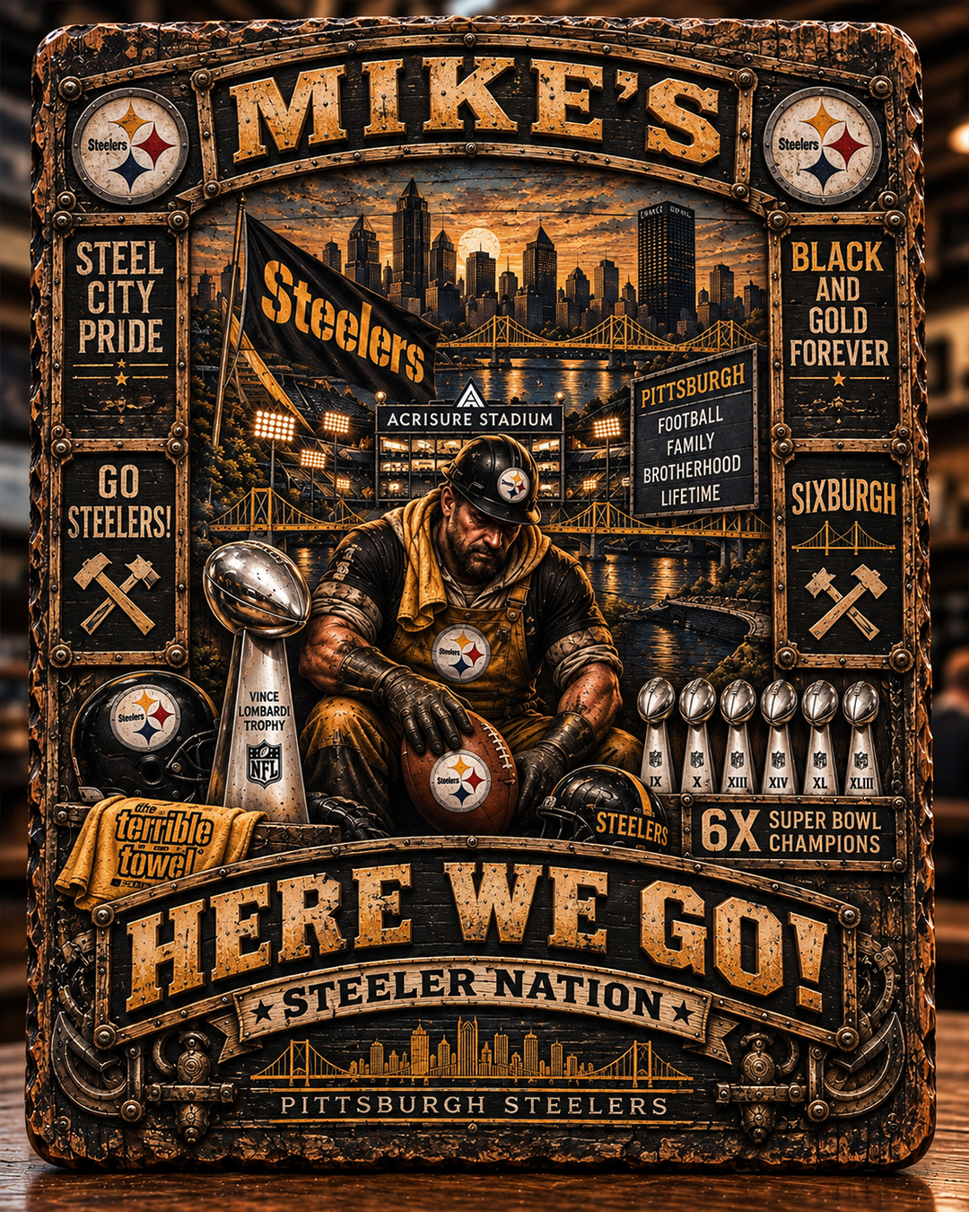 High-Gloss Printed Pittsburgh Steelers Wooden Wall Art – Custom Name
