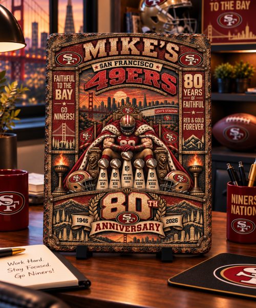Alternative view of High-Gloss Printed San Francisco 49ers “80 Years of Faithful” Wooden Wall Art – Custom Name