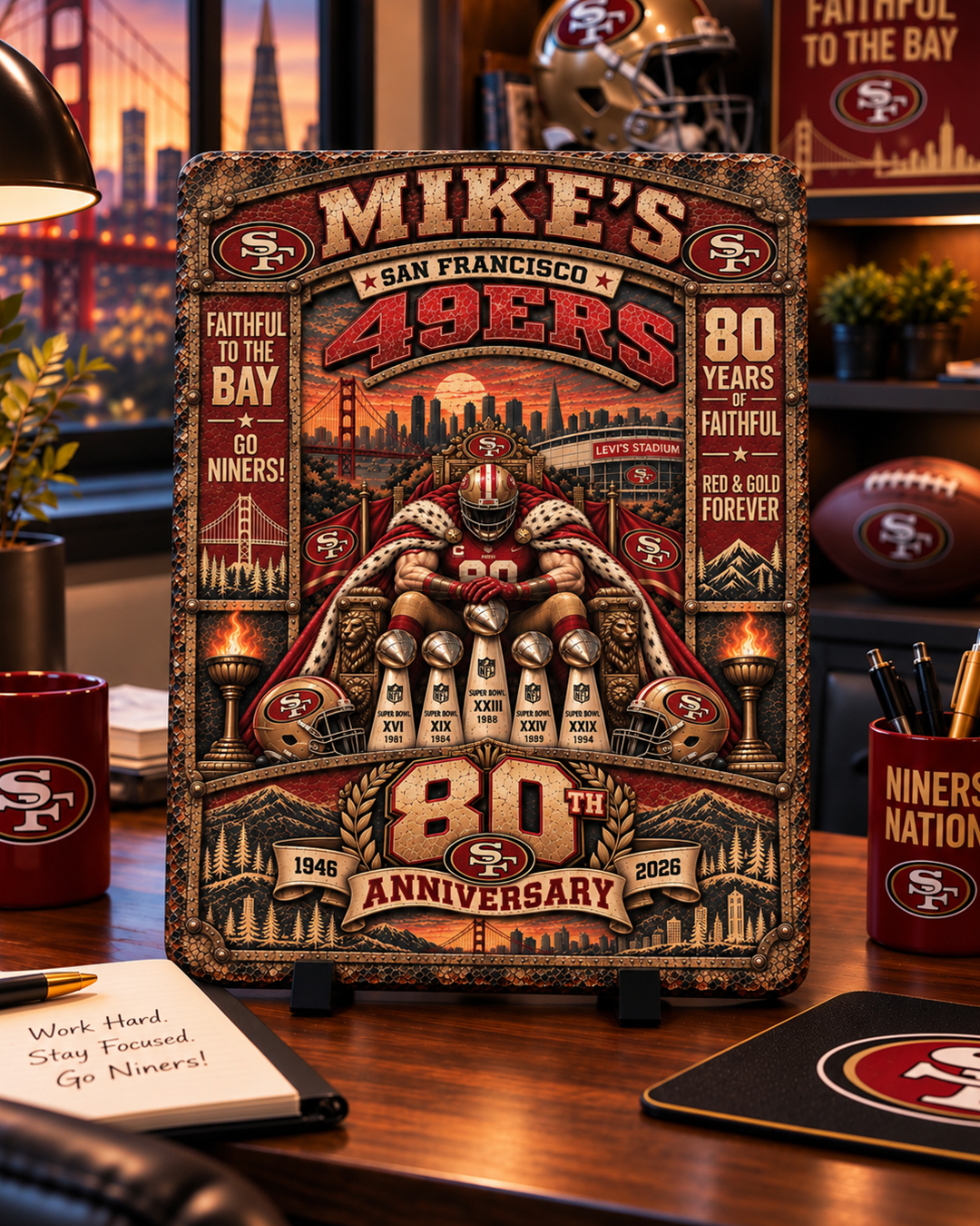 High-Gloss Printed San Francisco 49ers “80 Years of Faithful” Wooden Wall Art – Custom Name - Image 2