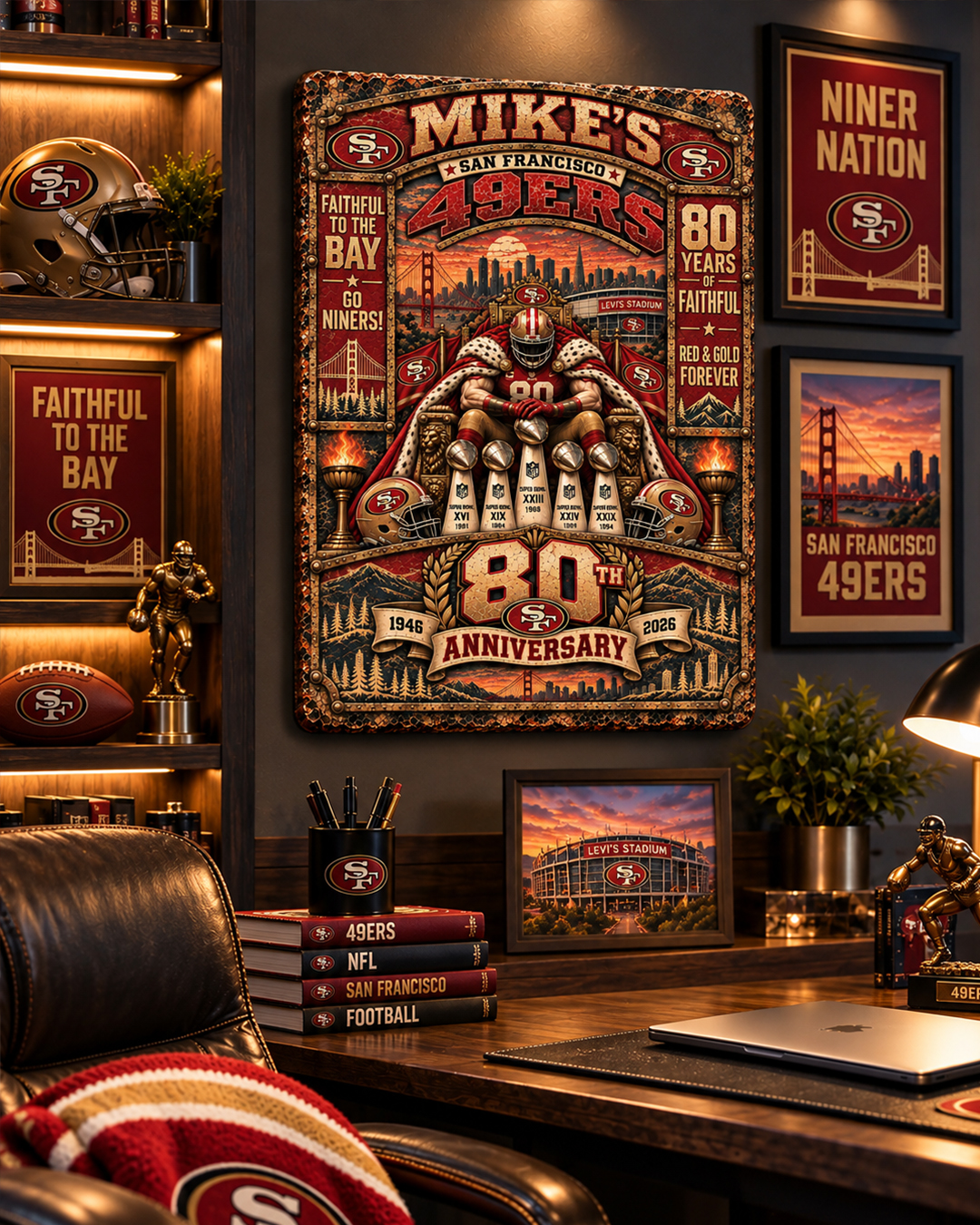 High-Gloss Printed San Francisco 49ers “80 Years of Faithful” Wooden Wall Art – Custom Name - Image 3