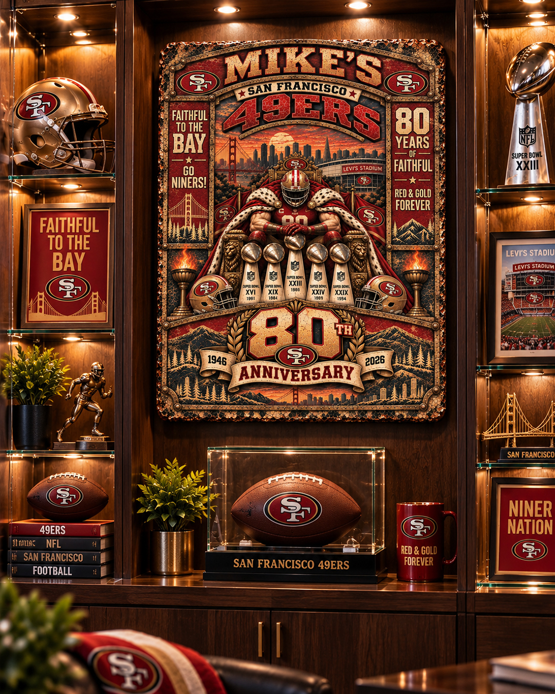 High-Gloss Printed San Francisco 49ers “80 Years of Faithful” Wooden Wall Art – Custom Name - Image 4