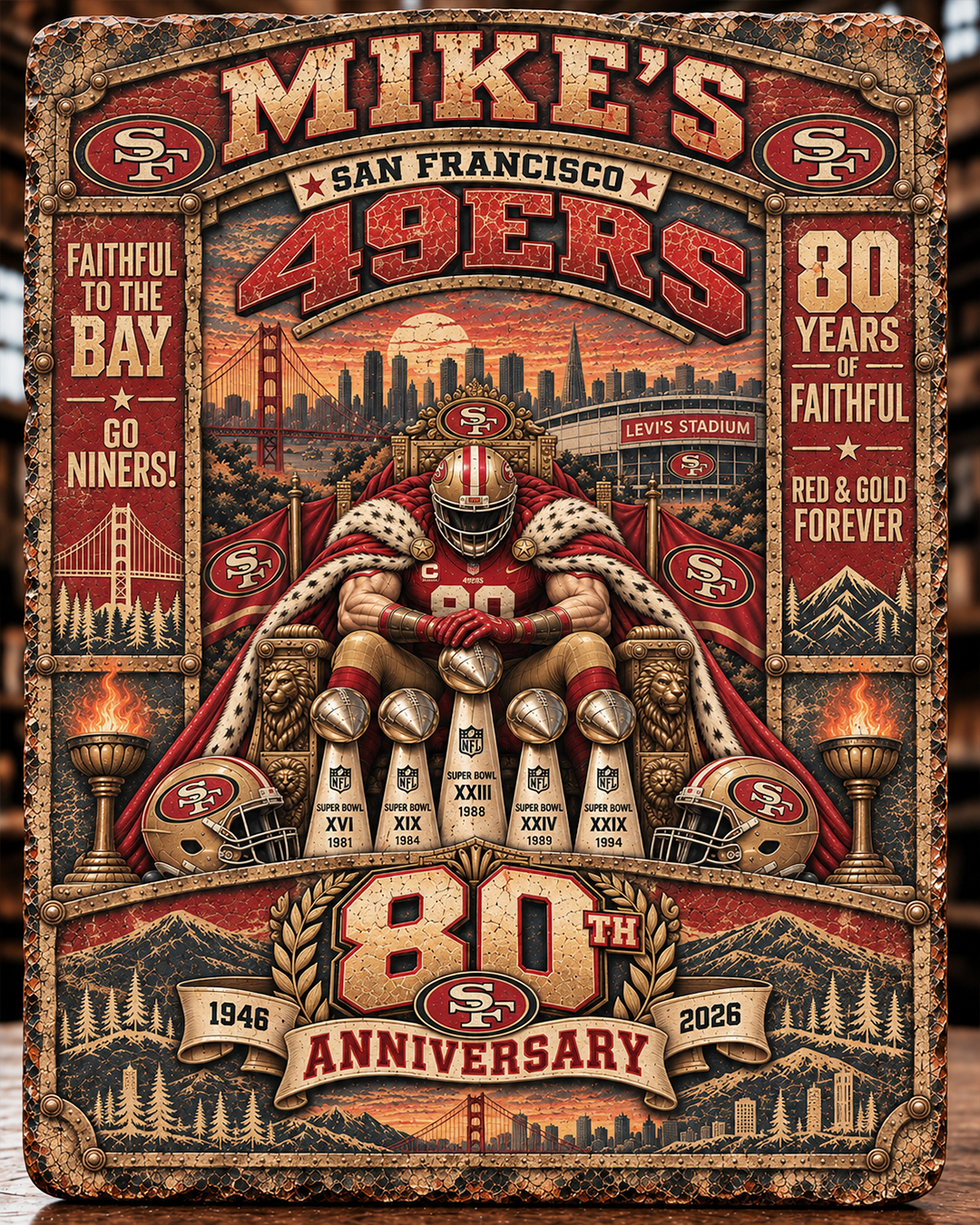 High-Gloss Printed San Francisco 49ers “80 Years of Faithful” Wooden Wall Art – Custom Name